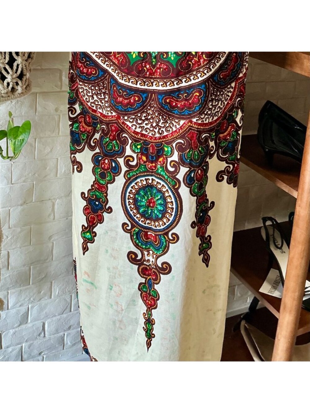 Vintage 70s Bou Boudina Maxi Dress Ornately Sequined Colorful Dashiki Medallion - Picture 6 of 14